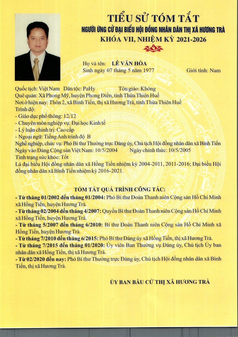 Tiểu sử và chương trình hành động của ông Lê Văn Hòa, ứng cử Đại biểu HĐND thị xã khóa VII, nhiệm kỳ 2021 - 2026